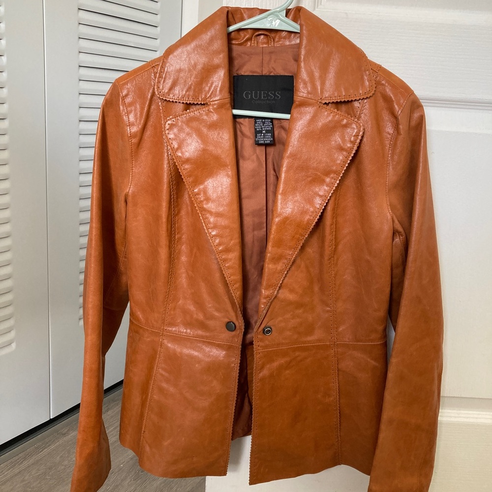 Guess genuine leather tan brown blazer jacket Medium
